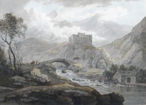 Travellers Crossing a Bridge to a Castle in a Mountainous Landscape