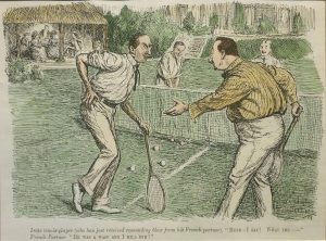 Irate tennis player (who has just received resounding blow from French partner)