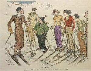 Ski-schule. Beginner. I say, do they have much snowballing here?