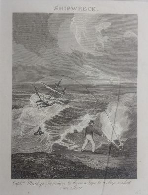 Shipwreck Captain Mandy's invention to throw a rope to a ship wrecked near shore