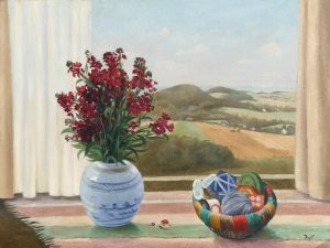 Flowers on a Windowsill, Landscape Beyond