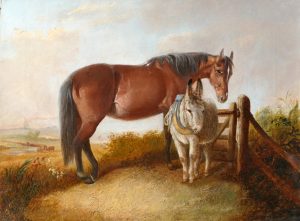 Horse & Donkey by a Gate, Windmills Beyond