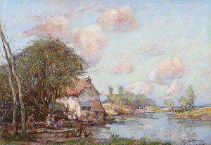 Riverside Cottage with Figures